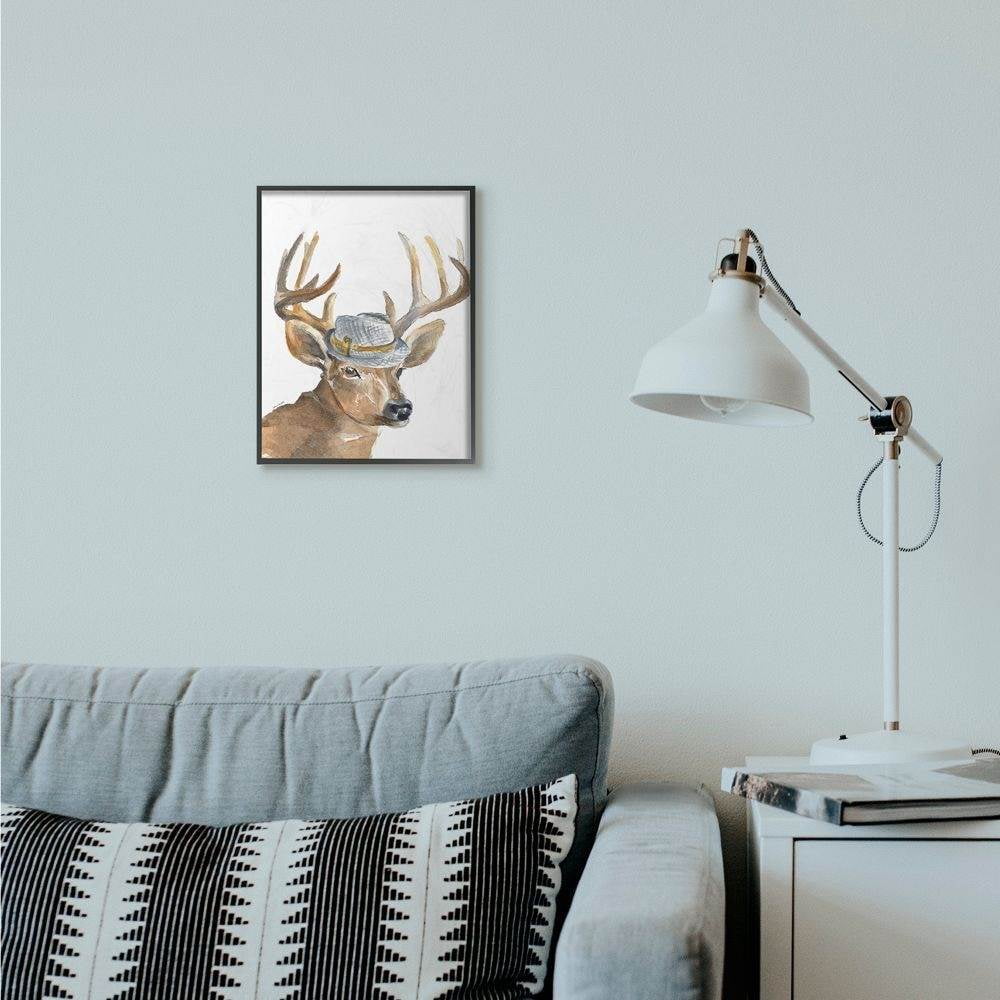 Stupell Industries Funny Hat Fashion Deer Animal Watercolor Painting Framed Giclee Texturized Art by Lanie Loreth
