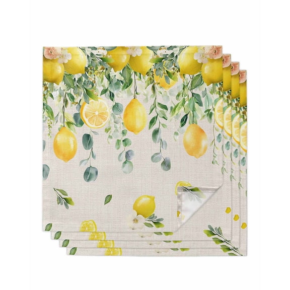 Summer Lemon Cloth Napkins Set of 4 Reusable Dinner Napkins, Eucalyptus Flower Leaf Retro Botanical Cocktail Napkin Washable Table Napkins for Wedding/Holiday Party/Baby Shower 20"x20"