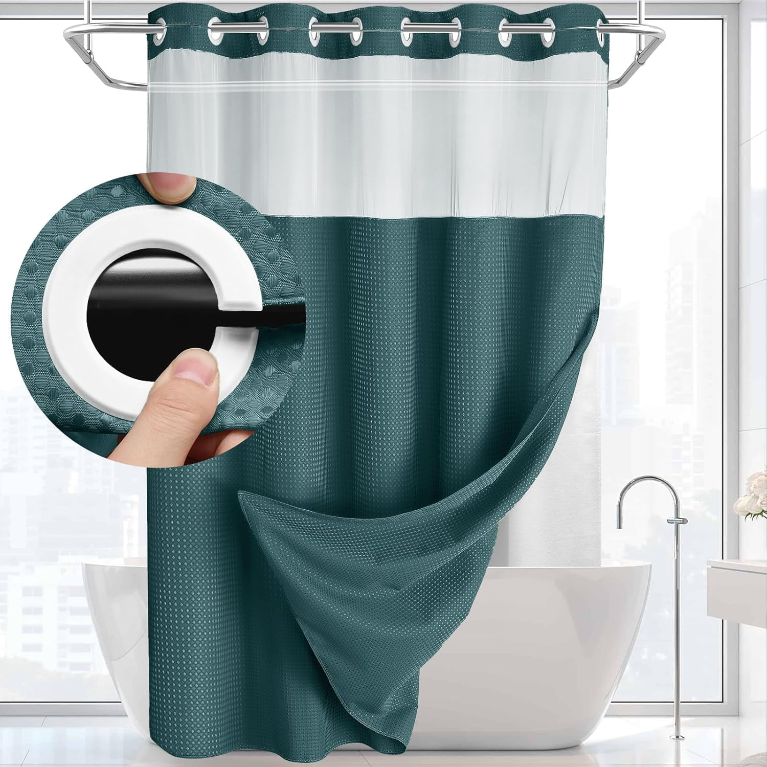 Zrodlmo No Hook Fabric Shower Curtain with Snap-in Liner, Waffle Waterproof and Mildew Resistant Bathroom Curtain, 72"x 74", Seaweed Green
