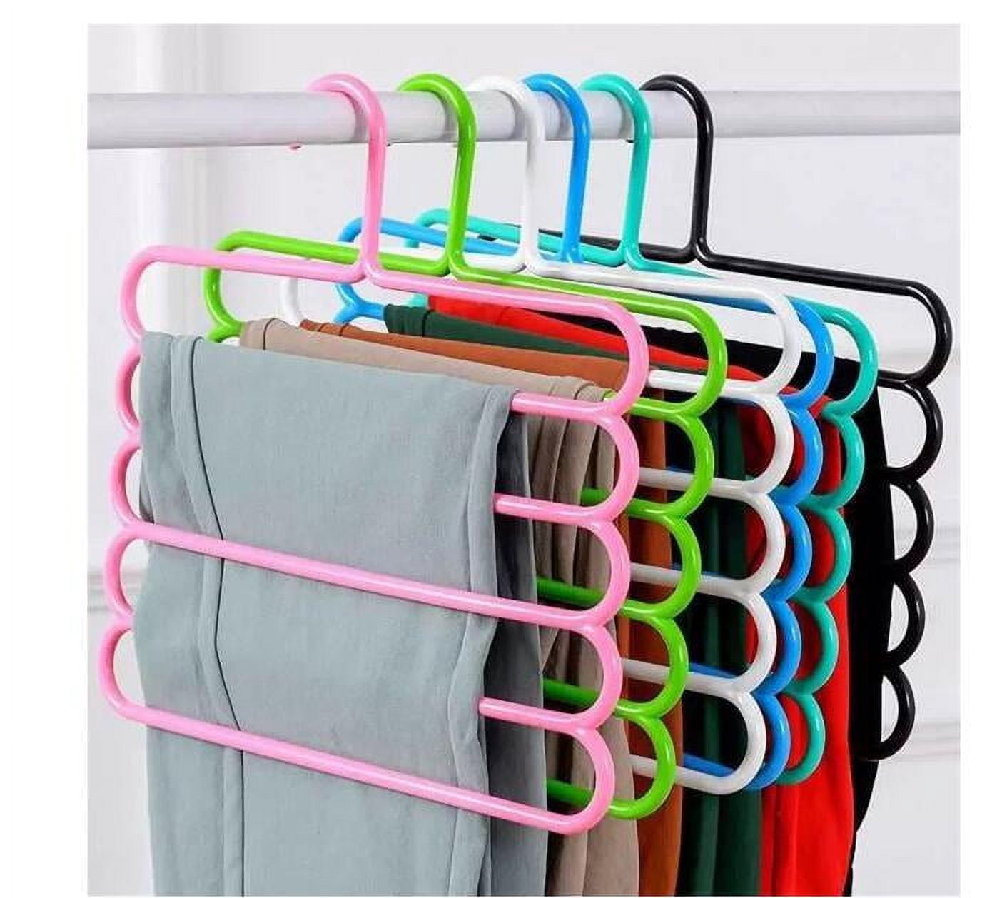 Slip Free 5 Layers Closet Pants Organizer, Multifunctional Space Saving Cloth Hanger,Plastic Non-Slip Space Saving Clothes Slack Hangers for Clothes Trousers Scarfs Ties (4 Pack, Random Color)