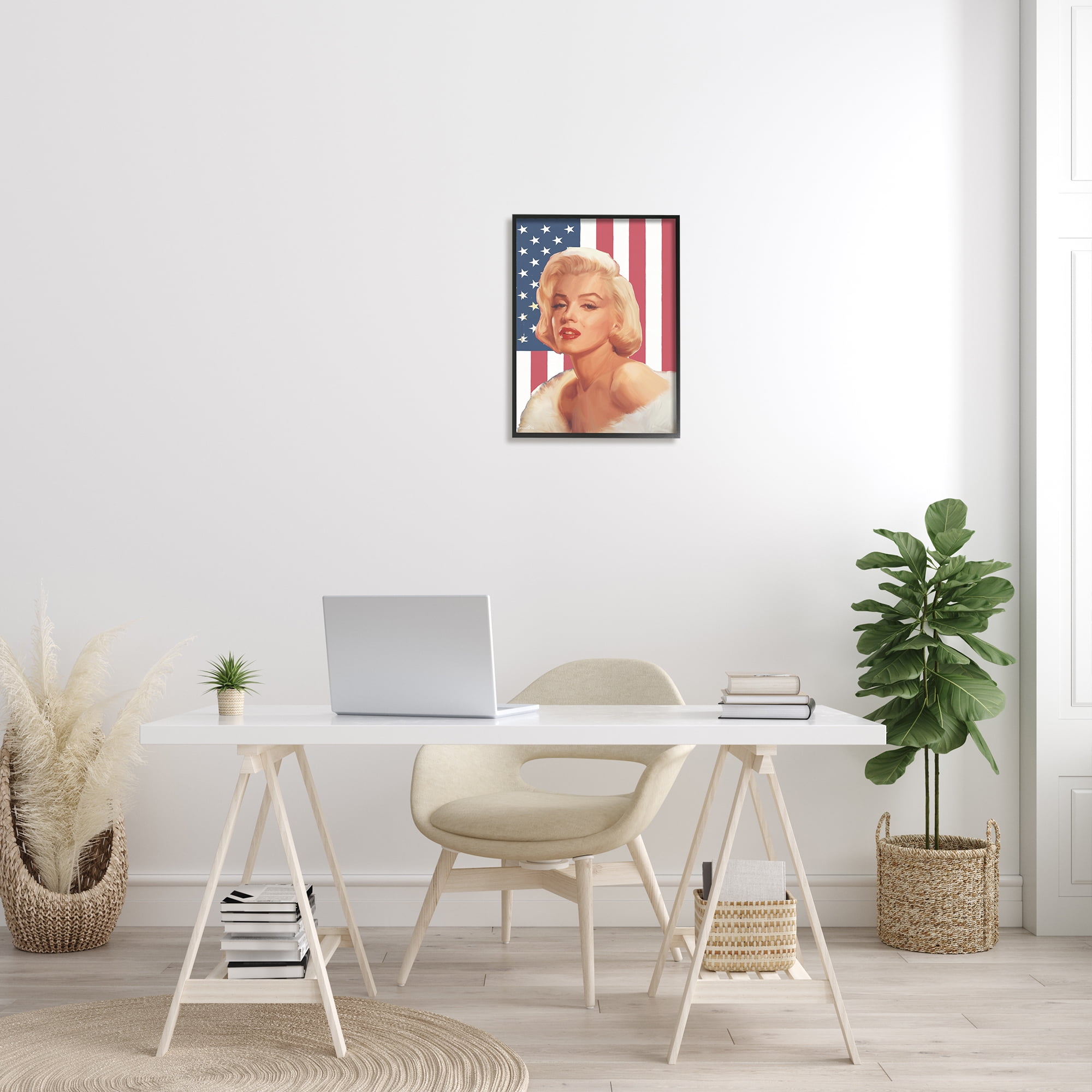 Stupell Industries Vintage Americana Icon Marilyn over US Flag Abstract Painting Black Framed Art Print Wall Art, 16 x 20