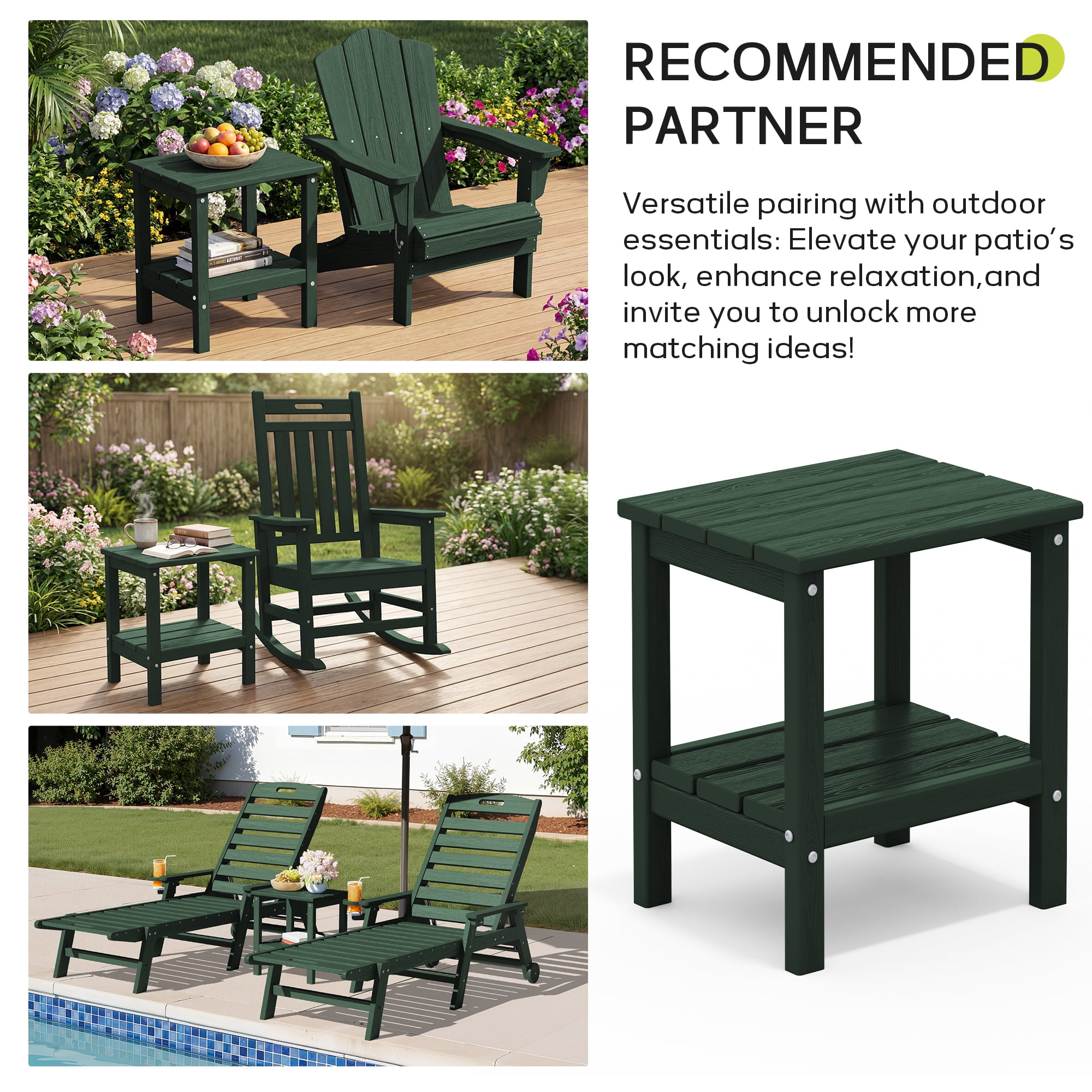 FUNDAZE HDPE 2-Layer End Table for Living Room, Outdoor Side Table, Patio Small End Table, Dark Green