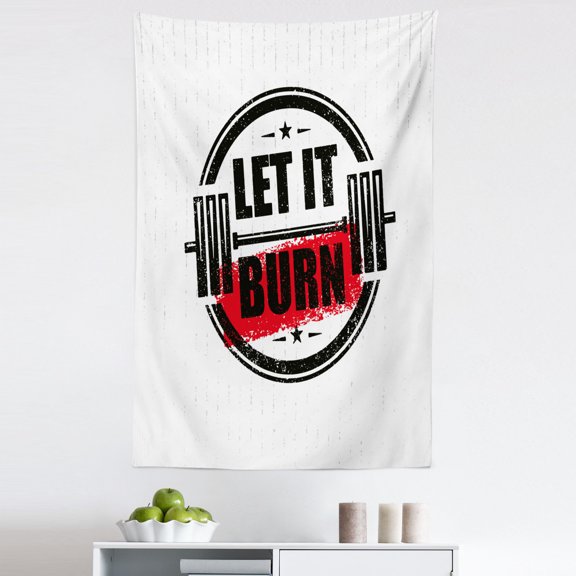 Fitness Tapestry, Let It Burn Gym Workout Strong Training Motivation Active Healthy Life Grunge, Fabric Wall Hanging Decor for Bedroom Living Room Dorm, 5 Sizes, Red Black White, by Ambesonne