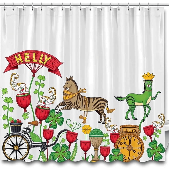 Whimsical Shower Curtain with Striped Zebra, Green Horse & Bright Flowers