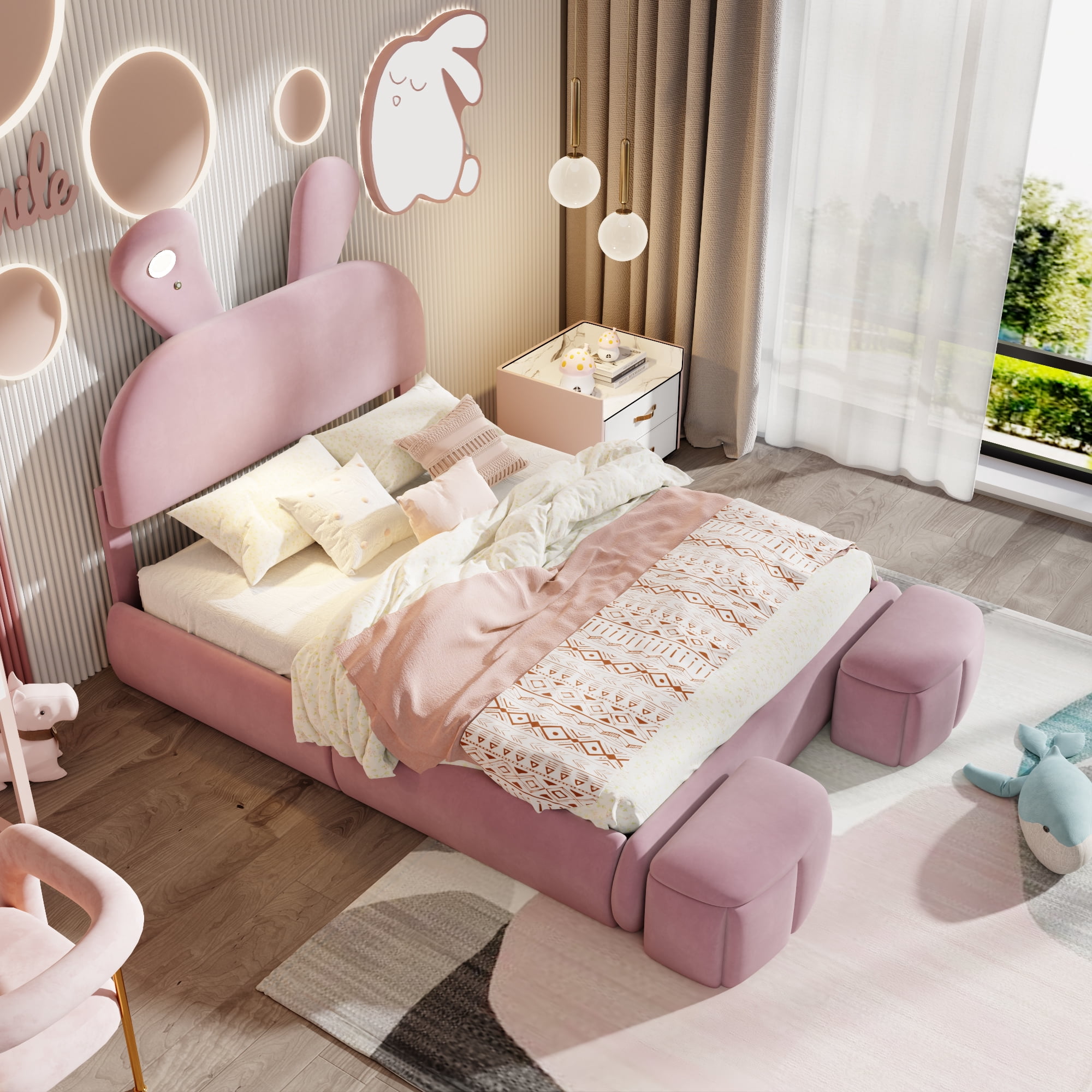 Mintazer Full Size Upholstered Bed with Bunny Ears Shaped Headboard, Platform Bed with LED Light & Storage Stools for Kids Adult Girl Bedroom Apartment, Pink