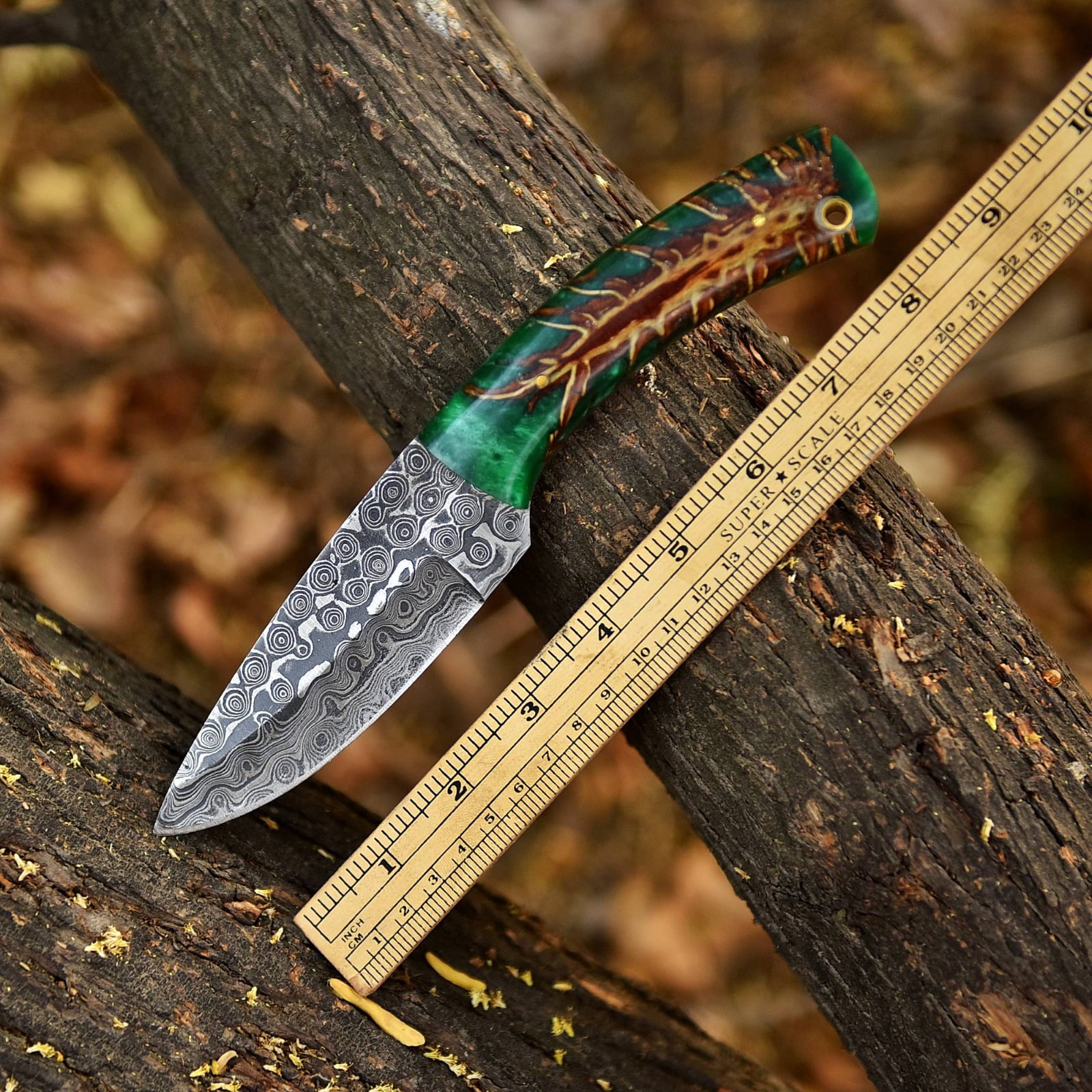 Handmade Forged Rain Pattern Damascus Steel Fix Blade Tactical Knife Pinecone Handle