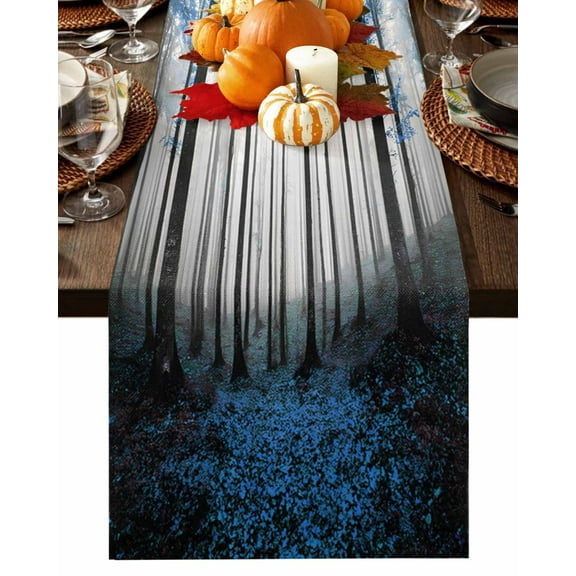 Fall Table Runner Thanksgiving Autumn Maple Forest Table Runners Blue Misty Forest Trees Cotton Linen Dresser Scarf Kitchen Dining Table Decor for Fall Holiday Party Decor 13x90 Inch