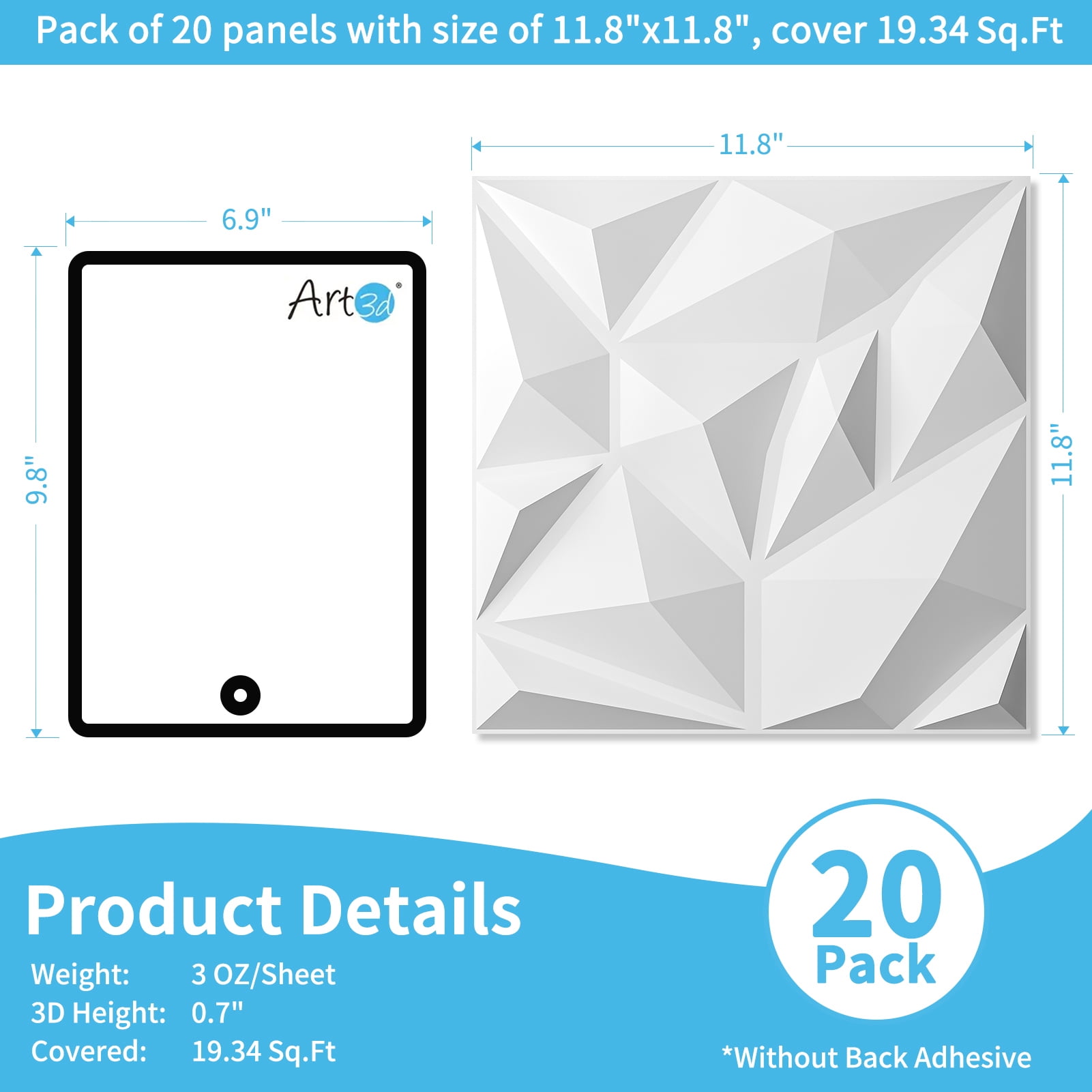 20Pcs 11.8''x11.8'' 3D Wall Panel Diamond for Interior Home Decor,White PVC Wall Coverings,Waterproof PVC Panel (19.3 Sq.ft/Case)