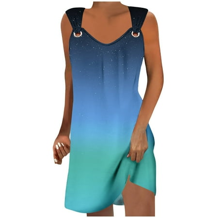 QYZEU Summer Casual Dresses for Women 2024 Comfort Midi Dresses for Women Women Fashion Gradient Loose Fit Sleeveless V Neck Metal Button Dress Long Maxi Dresses Pink L