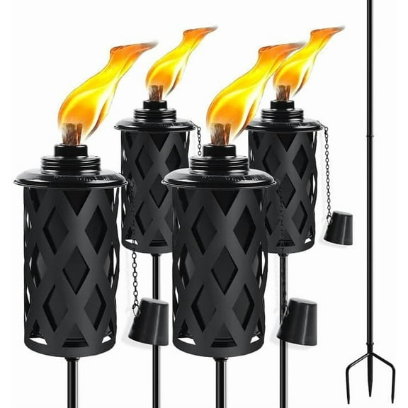 Citronella Torches for Outside Set of 4, 16 Oz Outdoor Torches with 3-Prong Grounded Stake, 59 Inch Metal Torch for Garden Décor, Outside Torches for Backyard, Garden, Patio (Black