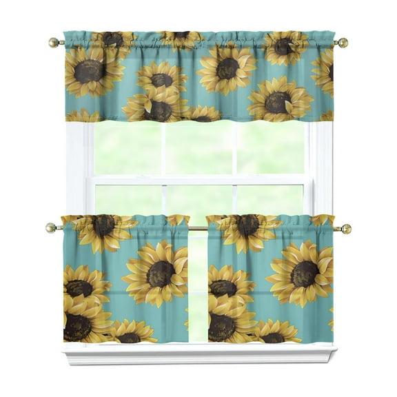 3 PCS Sunflower Kitchen Curtains Set with Valance - Boho Floral Farmhouse Tier Window Curtains 54x18 & 27.5x24 Inch, Rod Pocket Rustic Country Caf Curtains