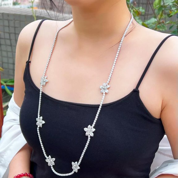 Chic Round Silver Plated Cubic Zirconia Flower Link Long Sweater Tennis Necklace