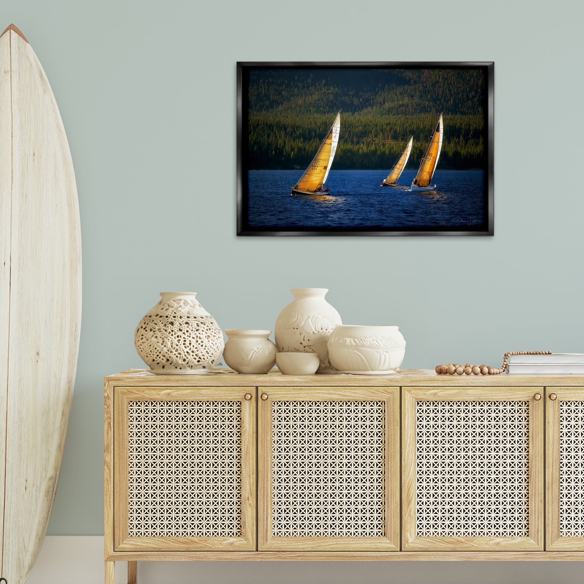 Stupell Industries Floating Sailboat Trio Transportation Photography Black Floater Framed Canvas Art Print Wall Art, 31 x 21
