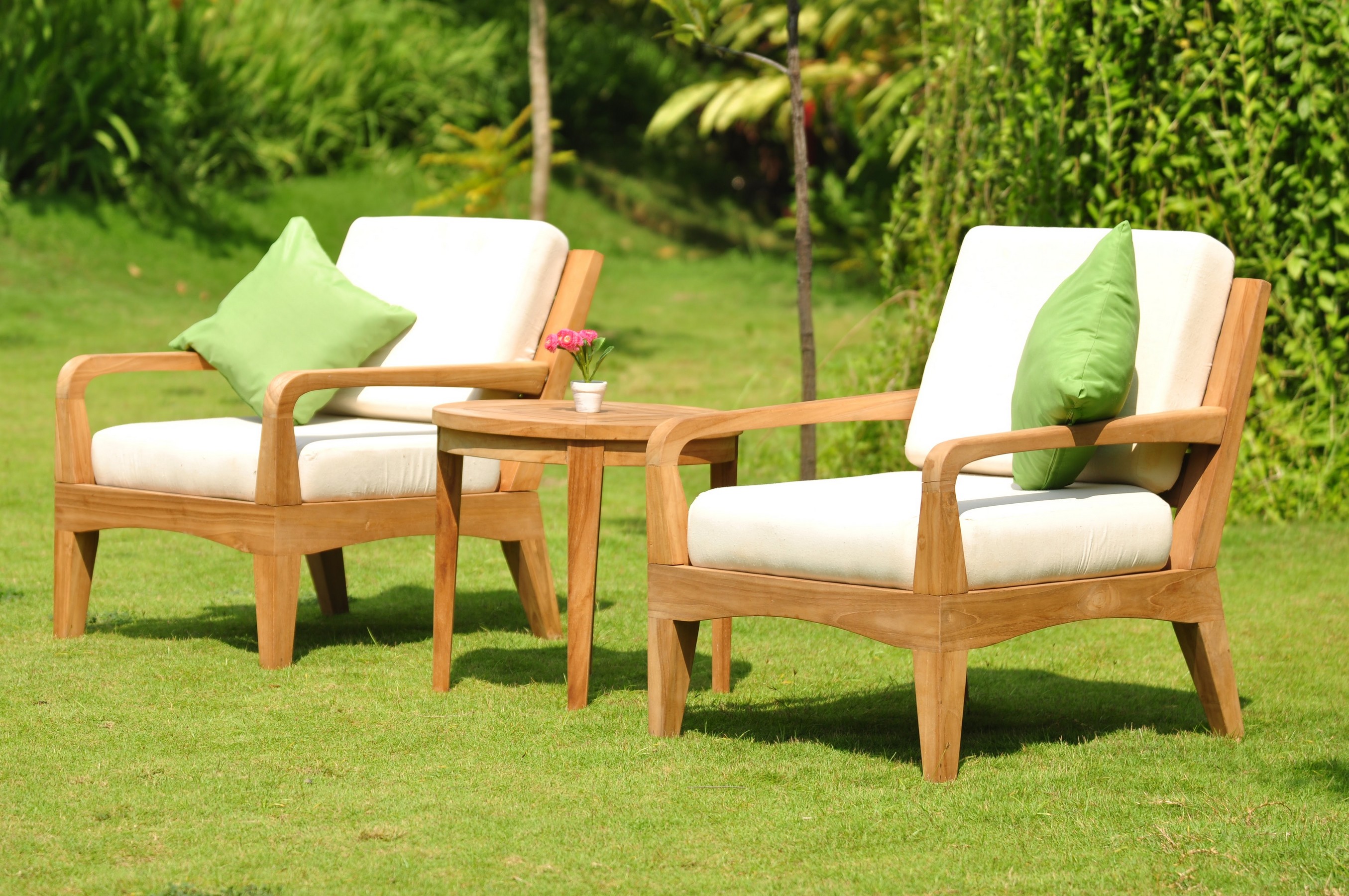 WholesaleTeak Outdoor Patio Grade-A Teak Wood 3 Piece Teak Sofa Lounge Chair Set - 2 Lounge Chairs And 1 Round End Table - Furniture only - Noida COLLECTION #WMSSNO3 - image 1 of 2
