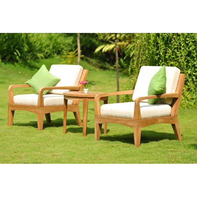 WholesaleTeak Outdoor Patio Grade-A Teak Wood 3 Piece Teak Sofa Lounge Chair Set - 2 Lounge Chairs And 1 Round End Table - Furniture only - Noida COLLECTION #WMSSNO3
