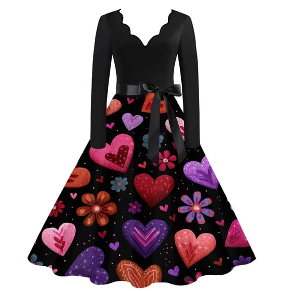 Valentines Day Dresses Fit and Flare Dress with Heart Print Pattern Ribbon Waist for Women Vintage Hot Pink 3XL