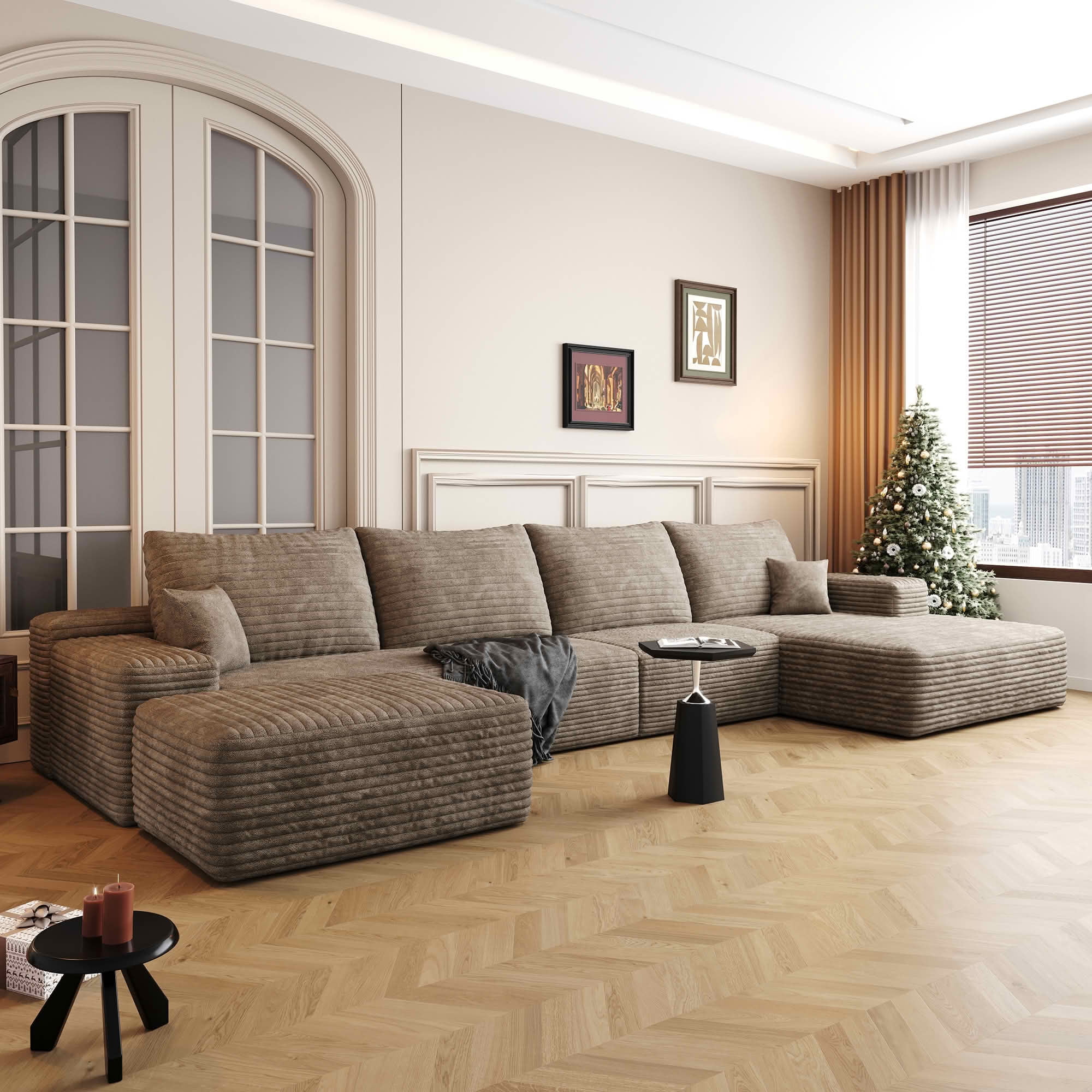 MAYEERTY 135" Cloud Sectional Sofa with Ottoman, U Shaped Deep Seat Couch, Plush Corduroy Fabric, No Assembly Required, Camel