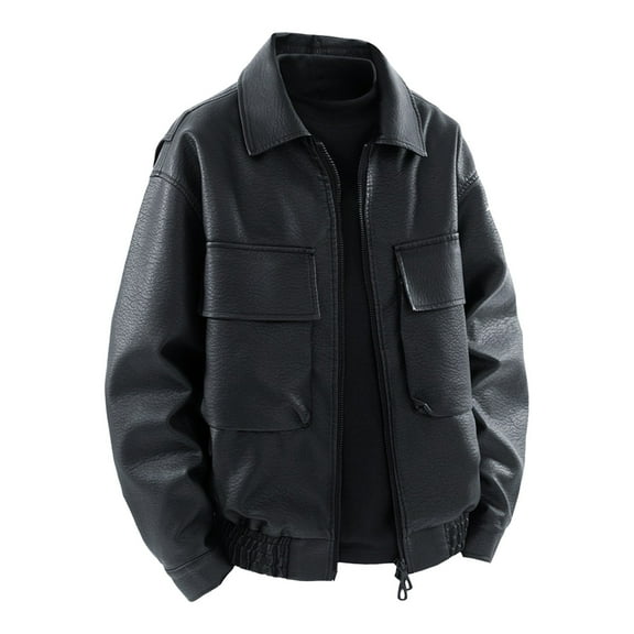 ZUKMRJPC Men's Leather Jackets Classic Fashion Solid Color Casual Loose Fit Zipper Turndown Collar Jacket with Pockets