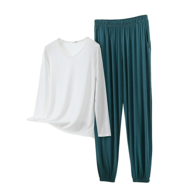 Women Pajama Sets V Neck Long Sleeved Plus Size Home Suit Set For Women Thin Design Solid Color Long Sleeved Pants Two Piece Set Woman Blending Pajamas