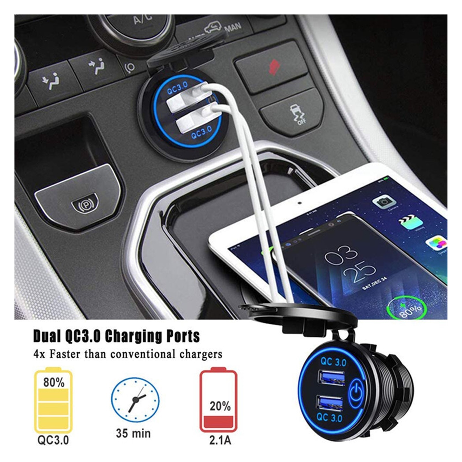 Touch Switch Car Dual USB Charger Socket Waterproof Universal Mobile Phone Truck Charging Tablet Charge For Phone Charging Station For Multiple Devices ,Multi-Device Charger