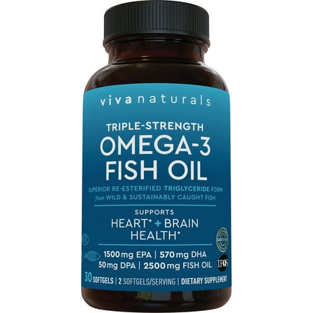 Viva Naturals Triple Strength Omega 3 Fish Oil Supplement, 2500 mg, 30 Pescatarian-Friendly Softgels