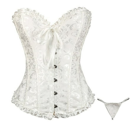 CHCNHAC Bustier Tops for Women Satin Boned Lace Corset Tops Sexy Floral Trim Waist Cincher Plus Size Victorian Corsets White 6XL