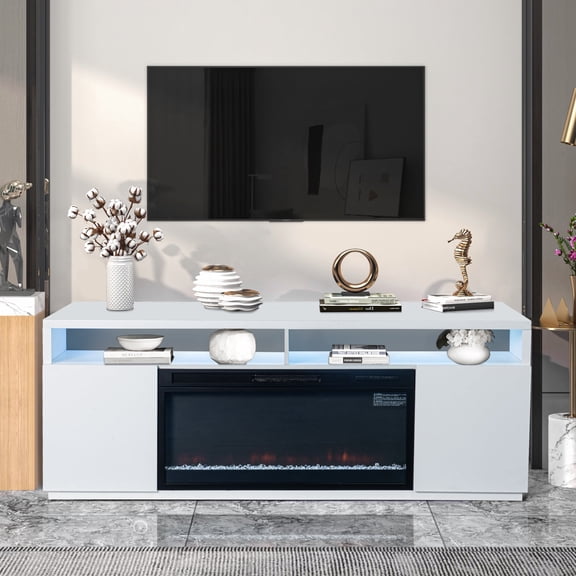 IHOMEadore Modern White 68 Inch TV Stand with Fireplace for TVs up to 78", Entertainment Console Center with 36" Electric Fireplace, Adjustable LED Flame, Remote Control, Timer