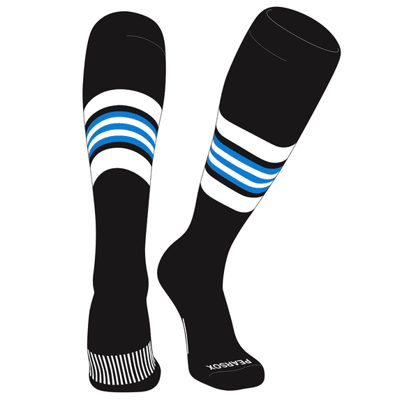 PEAR SOX Striped OTC Baseball, Softball, Football Socks (G) Black, White, Neon Blue (M)