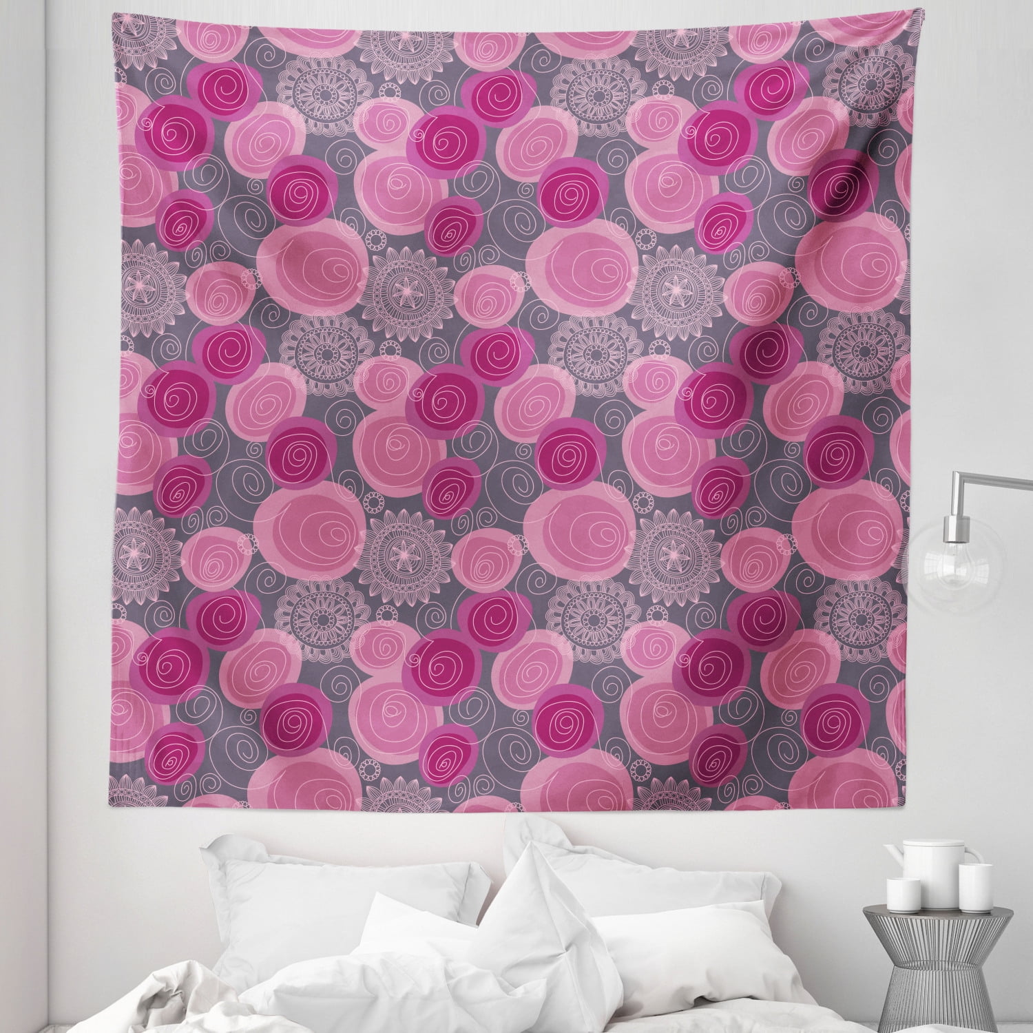 Pink and Grey Tapestry, Doodle Style Lace Swirled Circle Flower Pattern