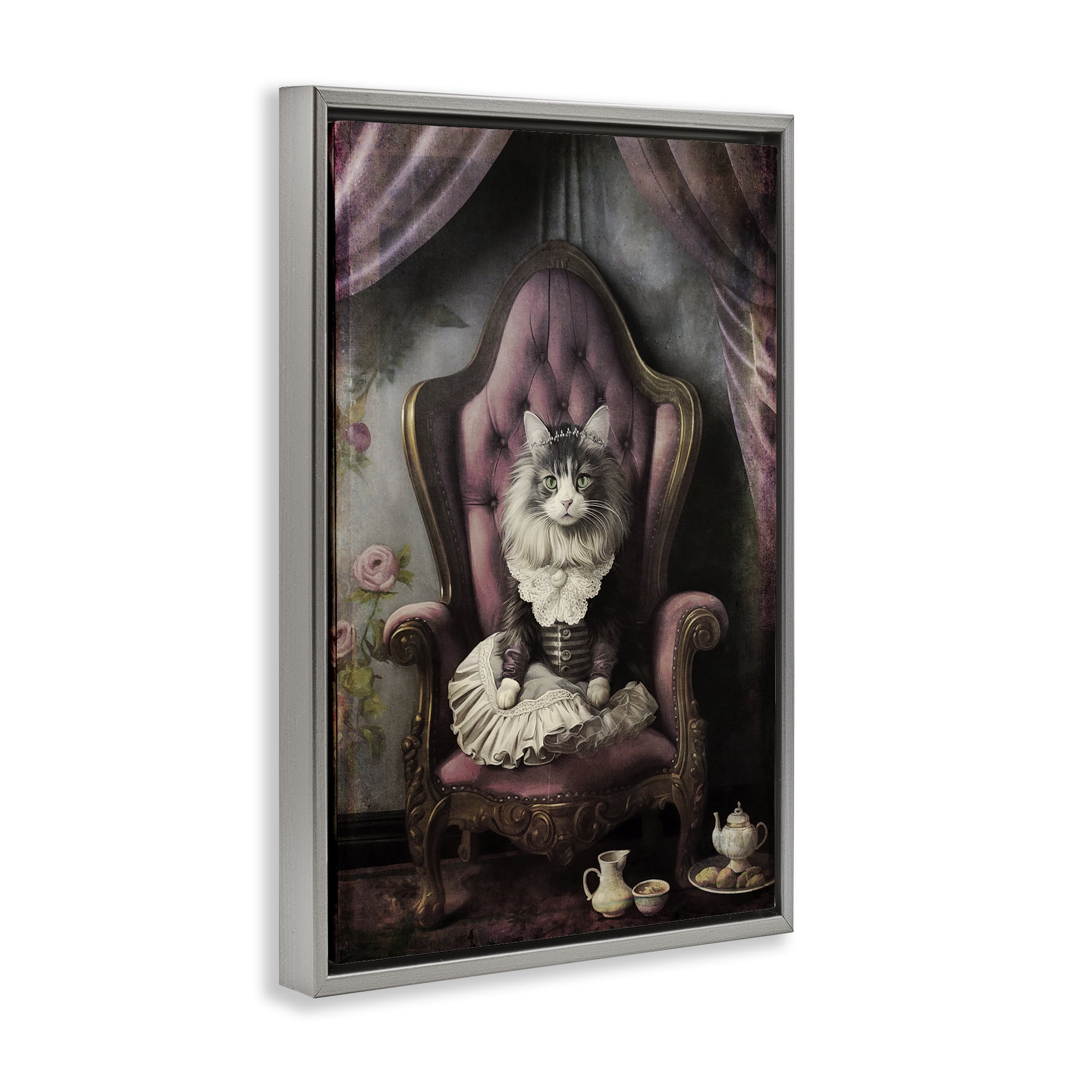 Stupell Industries Royal Cat & Tea Novelty Painting Gray Floater Framed Canvas Art Print Wall Art, 21 x 31
