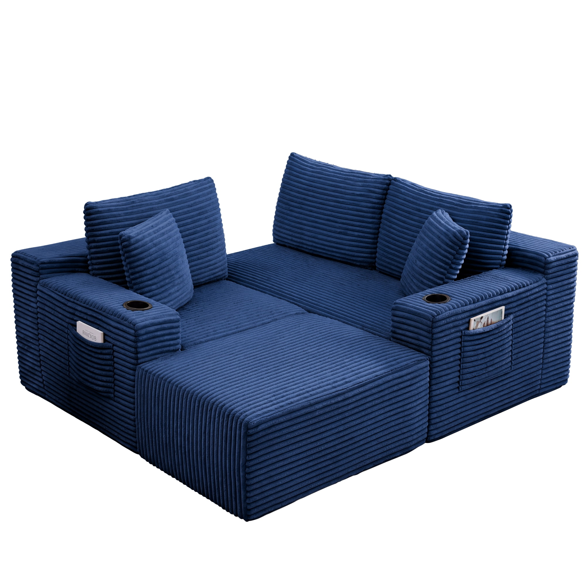 HOQBN L-Shaped Sectional Sofa with Ottoman, Corduroy 3-Seat Couch, Modern Modular Sofa for Living Room Blue