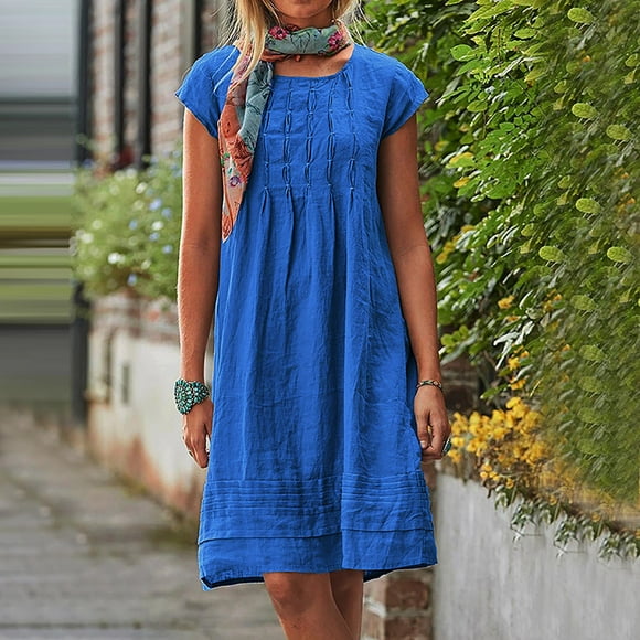Liquidation d'Économies d'Été! Robe Mini Unie Ample à Manches Courtes en Coton et Lin à Col Rond pour Femme, Robe d'Été Décontractée, Robe Confortable pour la Plage et le Quotidien Liquidation Ventes Aujourd'hui Aubaines Prime