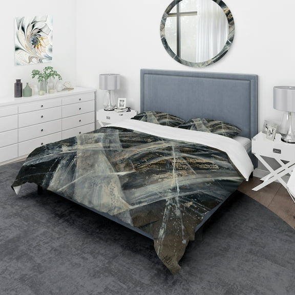 Designart 'Abstract Glacial Black and White Painting' Geometric Duvet Cover Set