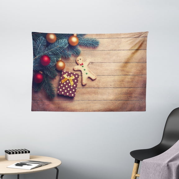 Gingerbread Man Tapestry, Pine Branches Delicious Cookie and Present on Wood Planks, Wall Hanging for Bedroom Living Room Dorm Decor, 60W X 40L Inches, Light Brown Hunter Green Red, by Ambesonne