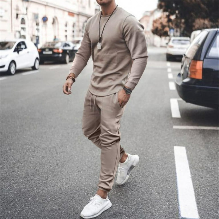Mens 2 Piece Outfits Crew Neck Long Sleeve Shirt and Pants Sets Fashion  Solid Color Sweatsuits 