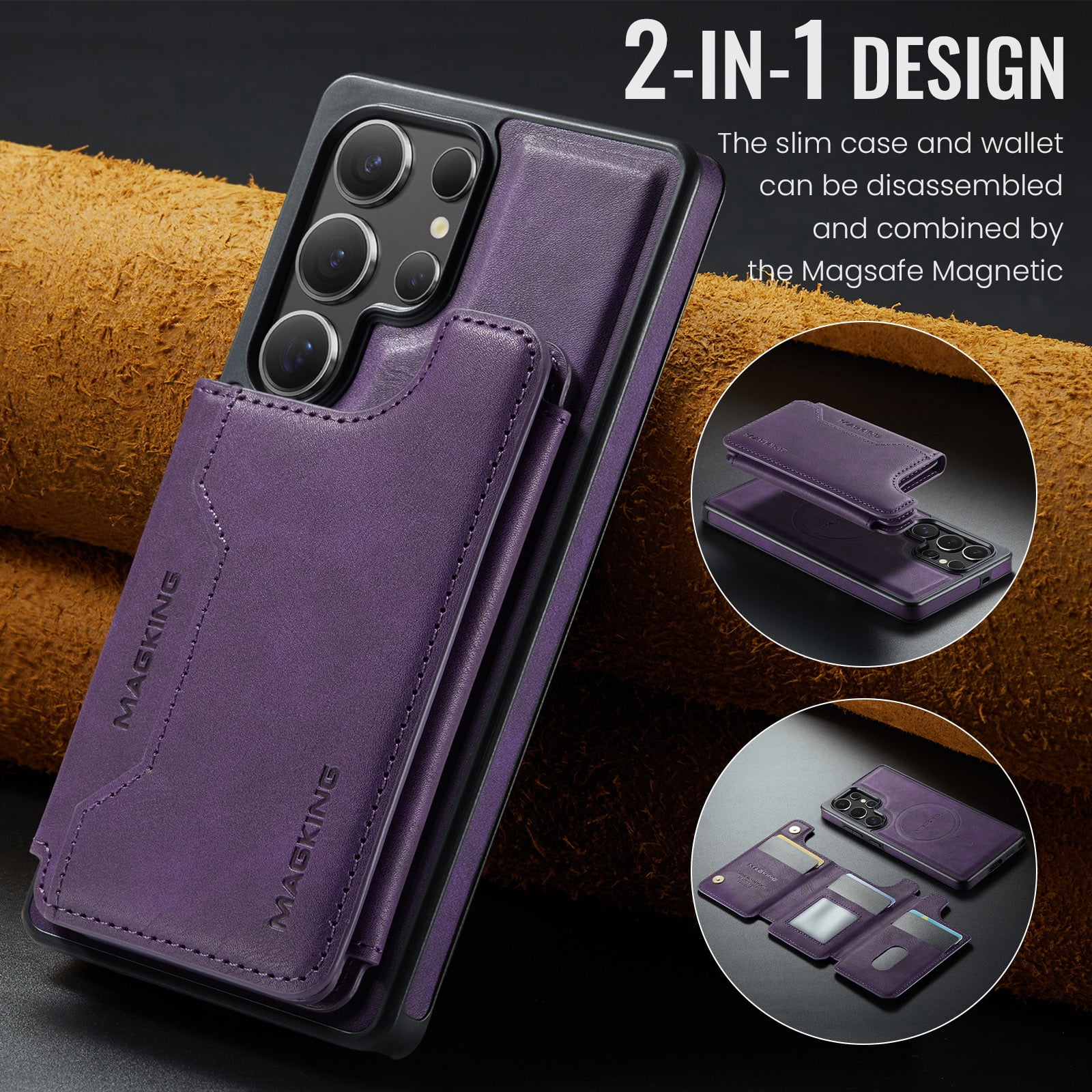 Designed for Samsung Galaxy S24 Ultra Wallet Phone Case,Magnetic Detachable Flip Card Holder,Back Flip Kickstand,Compatible with Mag-Safe,2-in-1 PU Leather Heavy Duty Shockproof Phone Case,Purple