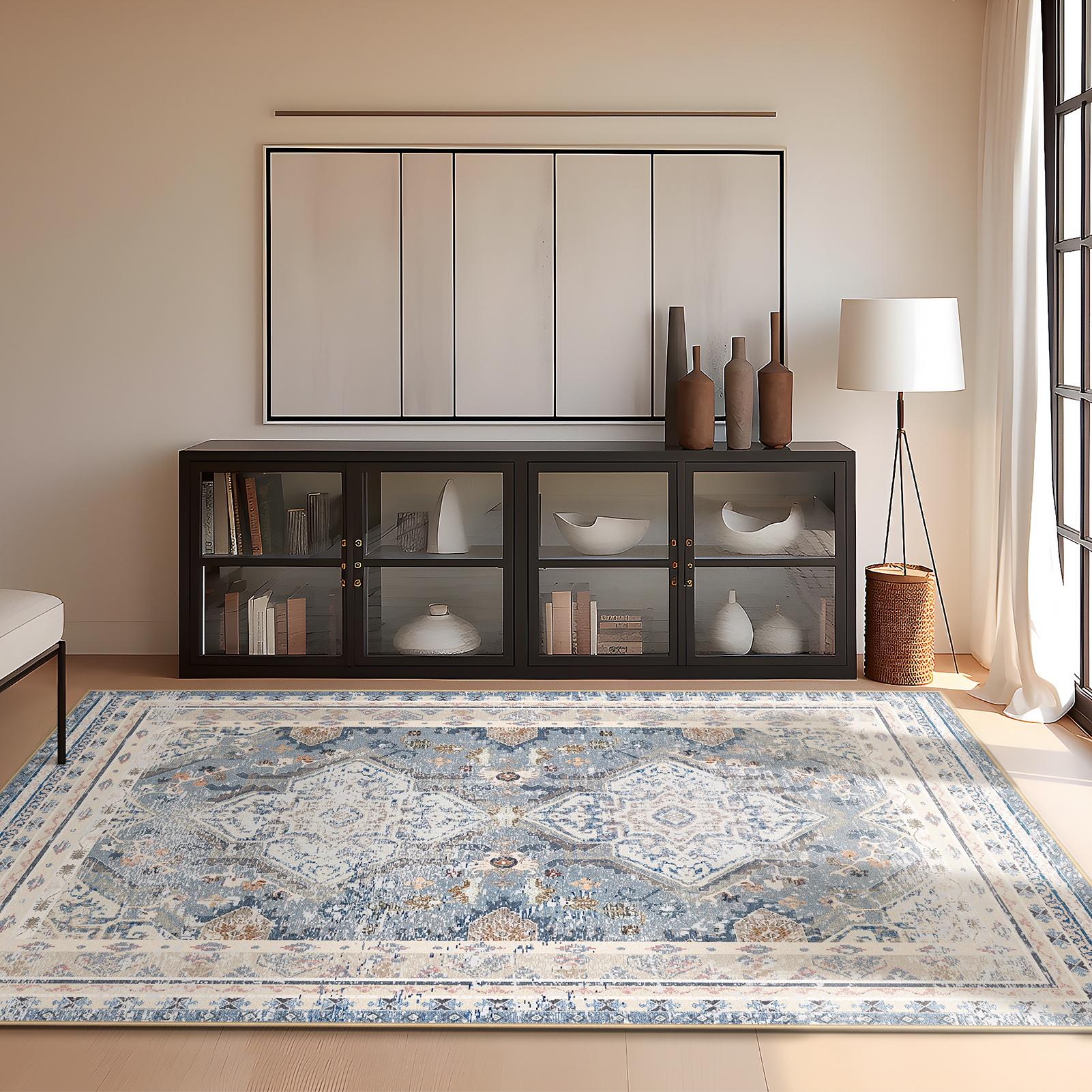 Phantoscope Retro Distressed Area Rug — Low-Pile Living Room Rug, 4' x 6', Classic Blue