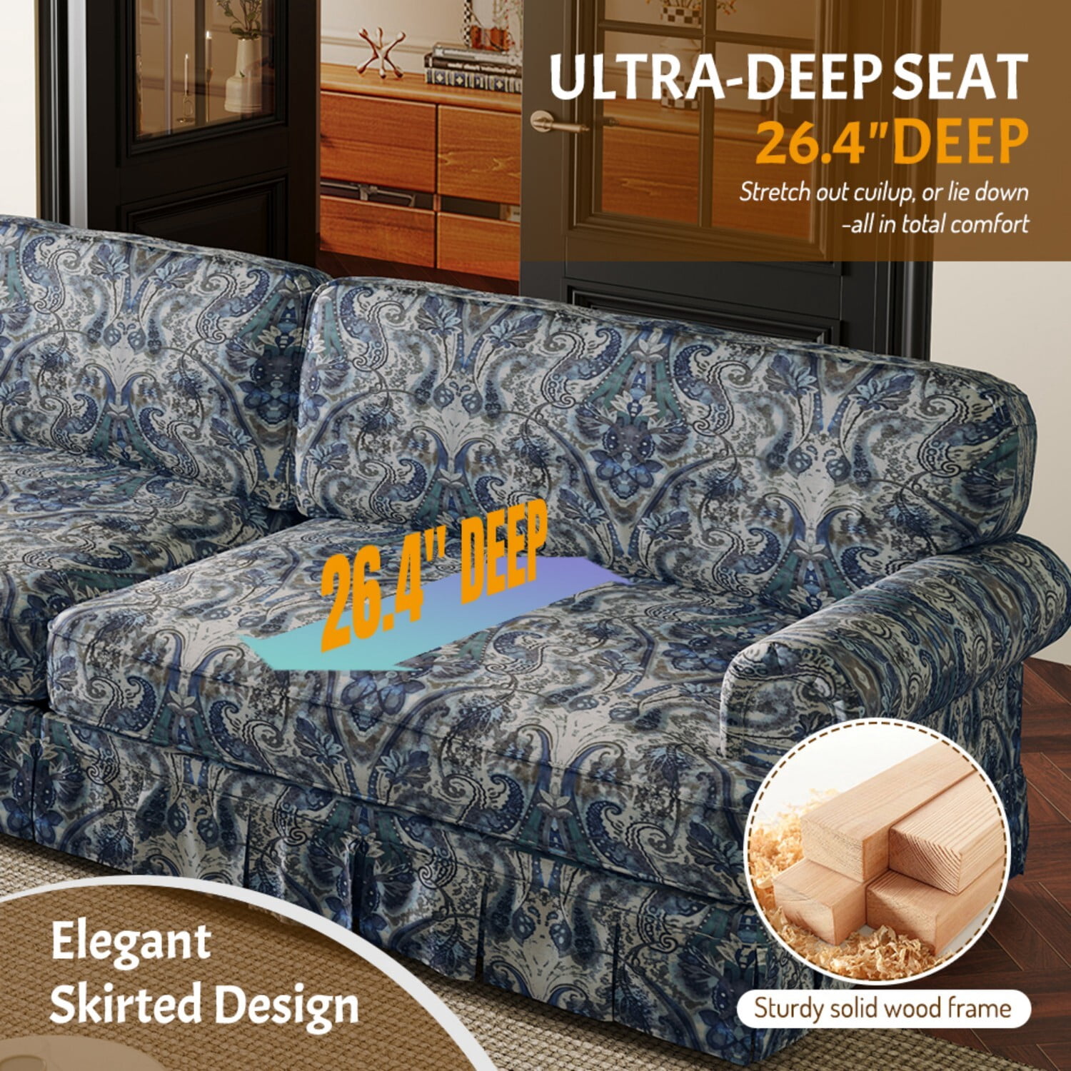 Alvantor 74" 3-Seater Cloud Sofa Couch Upholstered Chenille Couch with Rolled Arms & Pleated Skirt, Mid-Century Modern Sofa for Living Room Blue