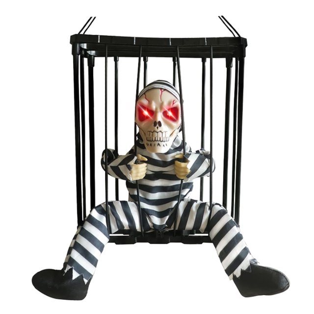 HUASHENG Screaming Animated Halloween Decorations Halloween Decor Prop With Motion Sensor Scary Cage Prisoner House Decor Hanging Light Up Decorations