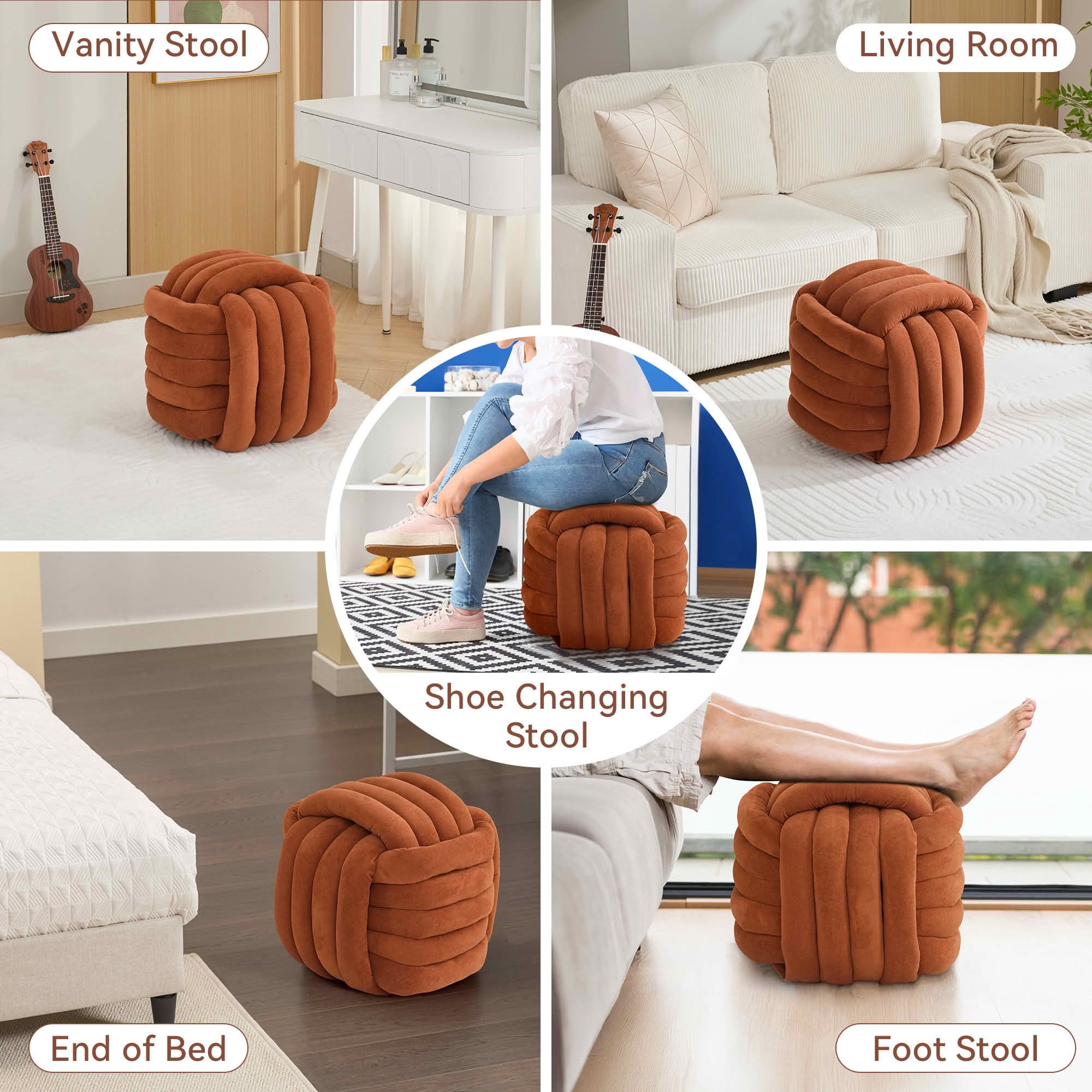 MAYEERTY Chenille Fabric Modern Knot Design Ottoman Makeup Stool Footstool, Comfortable Stylish Seat for Living Room & Bedroom, Orange