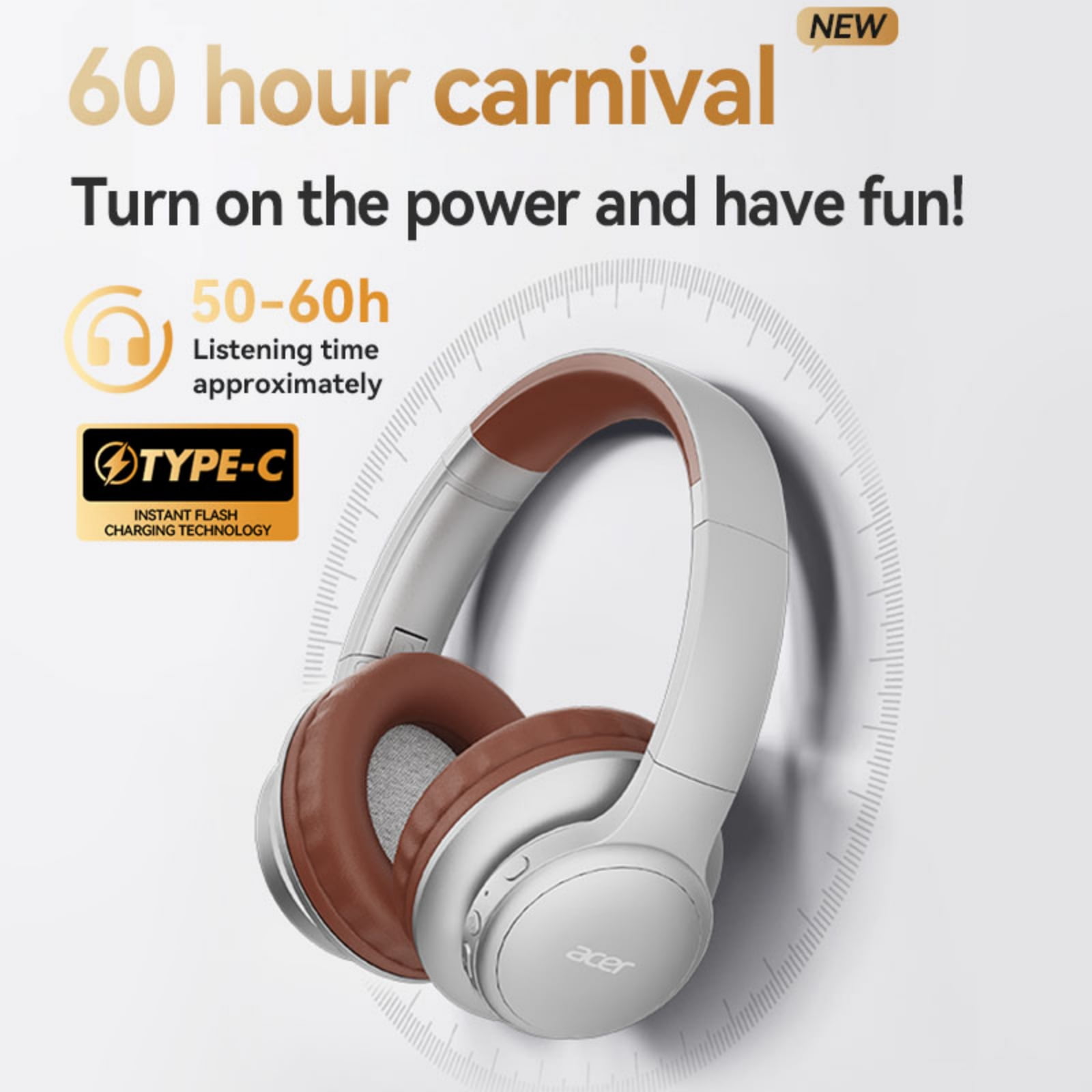Acer Over-ear Headphones with 60H Playtime, Hi-Res Audio Foldable and Comfortable, Silver