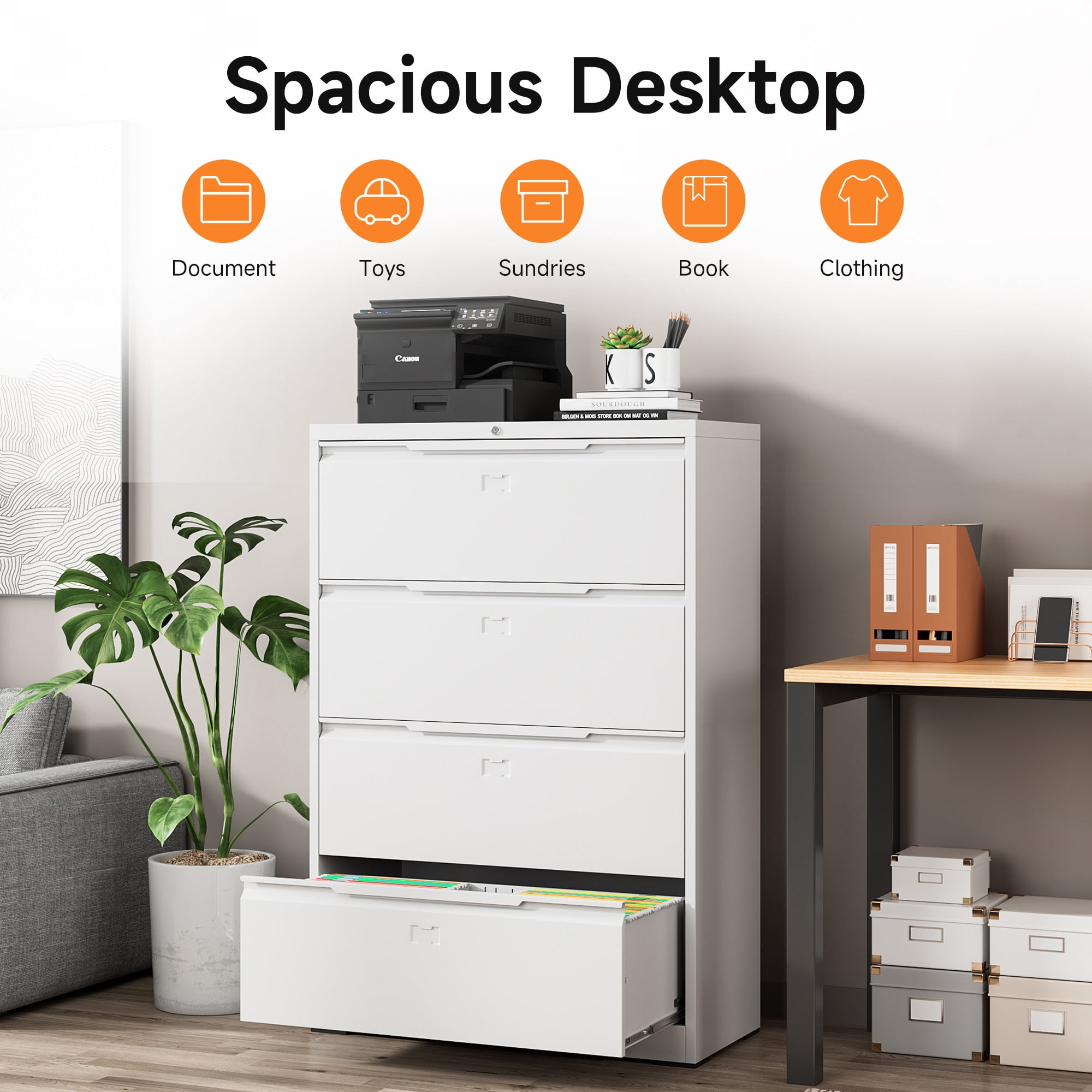 Coolsun Metal Lateral File Cabinet, 4 Drawer File Cabinet with Lock, Wide Filing Cabinet for Home Office, Locking Storage Cabinet for Hanging A4/F4/Letter/Legal, Assembly Required (White, 4 Drawer)