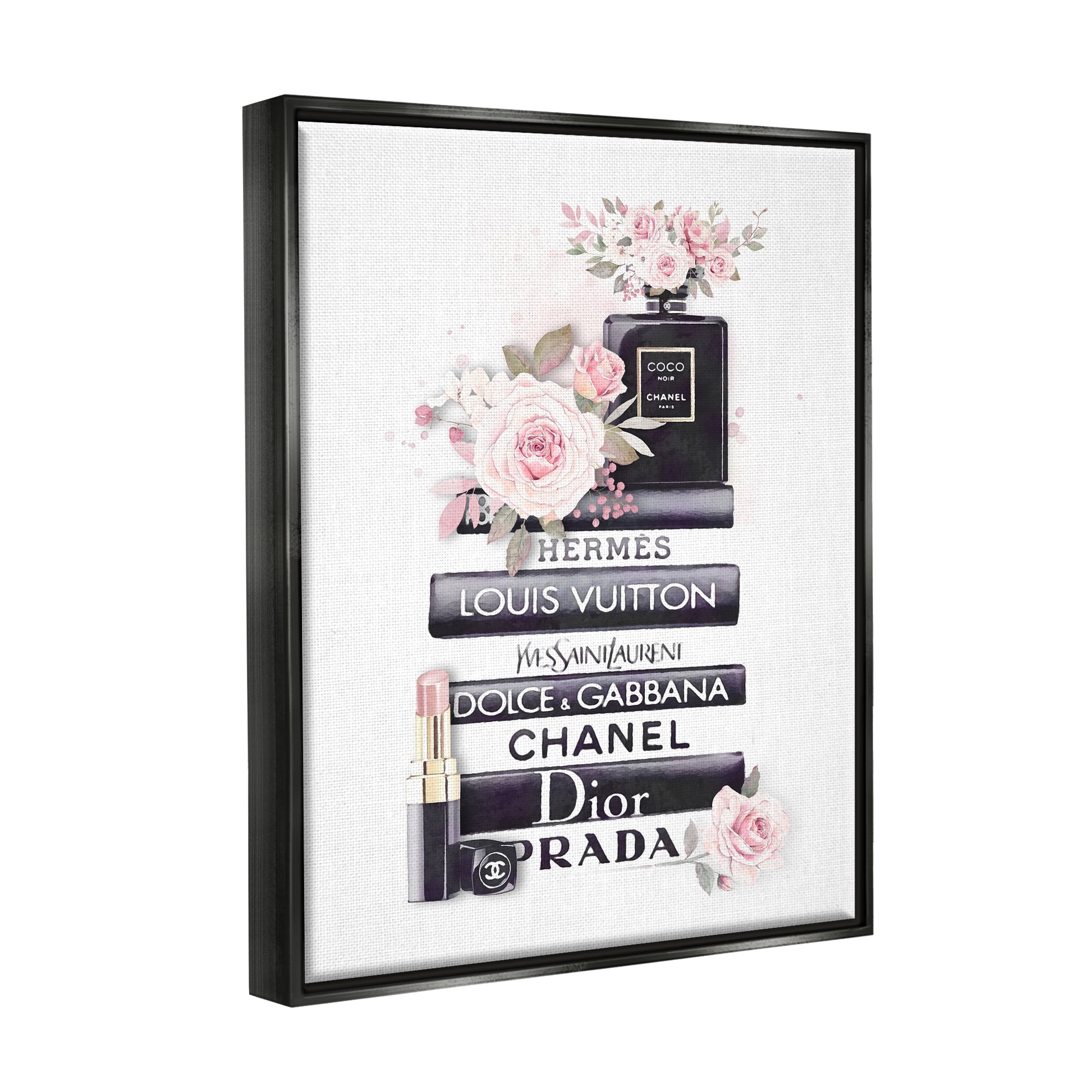 Stupell Industries Pink Roses and Toiletries Fashion Glam Bookstack Jet Black Framed Floating Canvas Wall Art, 16x20, by Ros Ruseva