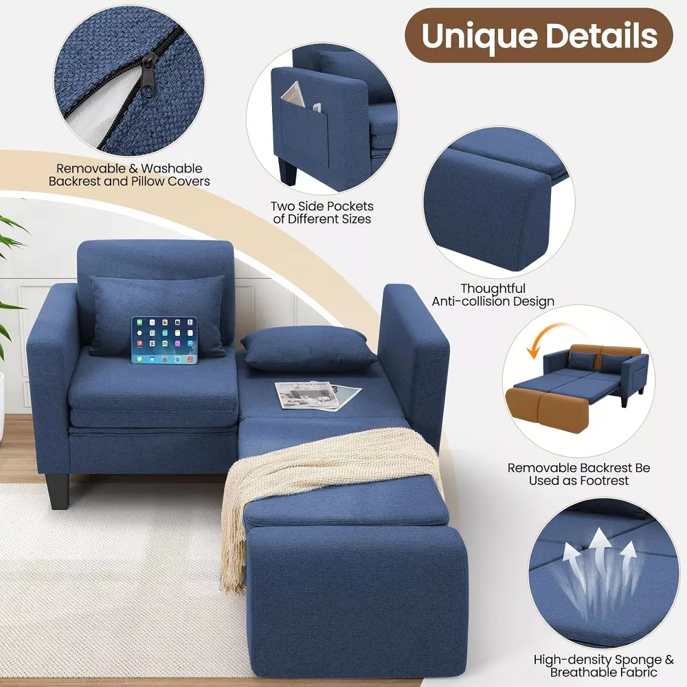Sailvan 58" 6-in-1 Convertible Sofa Bed, Linen Pull Out Sleeper Couch with Storage & 2 Pillows, Loveseat for Small Spaces, Apartments, Studio, Blue