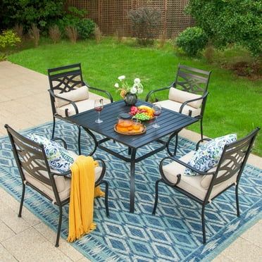 MF Studio 5-Piece Outdoor Patio Dining Set, 4-Piece Armchairs with Seat Cushion and Back Cushion & 1-Piece Square Table, Black & Beige