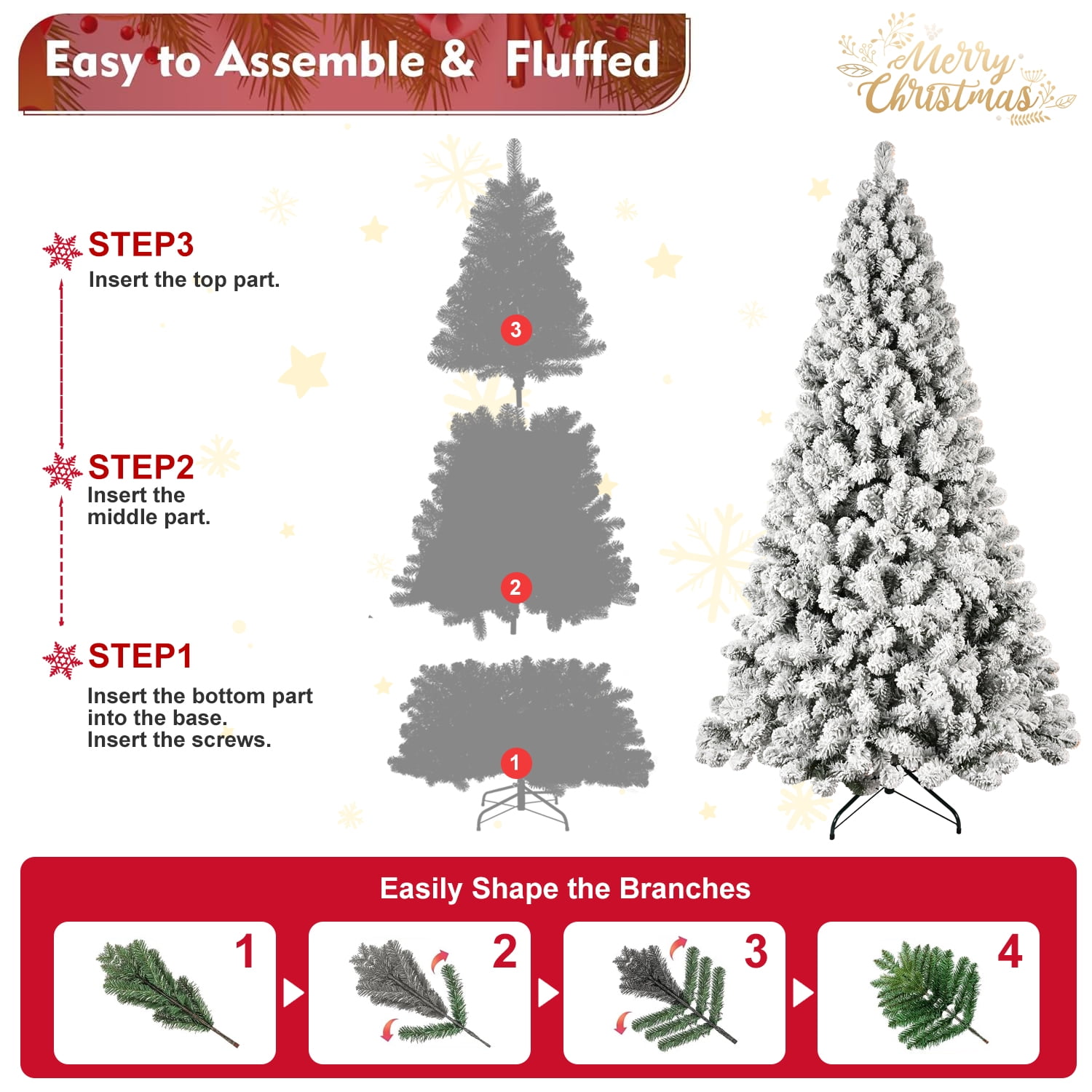 Euroco 8ft Flocked Pre-Lit Christmas Tree with 500 UL Warm White Lights, 1460 PVC Tips, Auto-Unfold Memory Wire, Easy Assembly & Stable Metal Stand – Snowy Holiday Decor