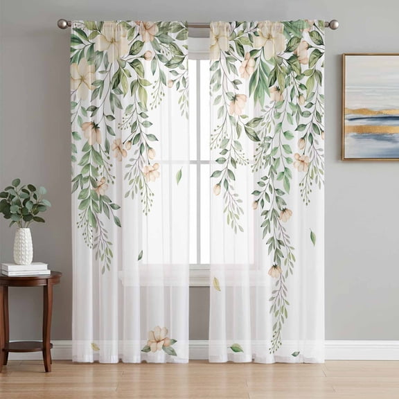 Green Eucalyptus Leaves Sheer Curtains 84 Inch Length 2 Panels Set, Spring Floral Weeping Farmhouse Voile Window Treatment Rod Pocket Curtains Sheers Drapes for Bedroom/Living Room/Kitchen 52"x84"x2