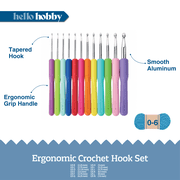 Hello Hobby Ergonomic Crochet Hooks, Sizes B-N, 12-Piece Set