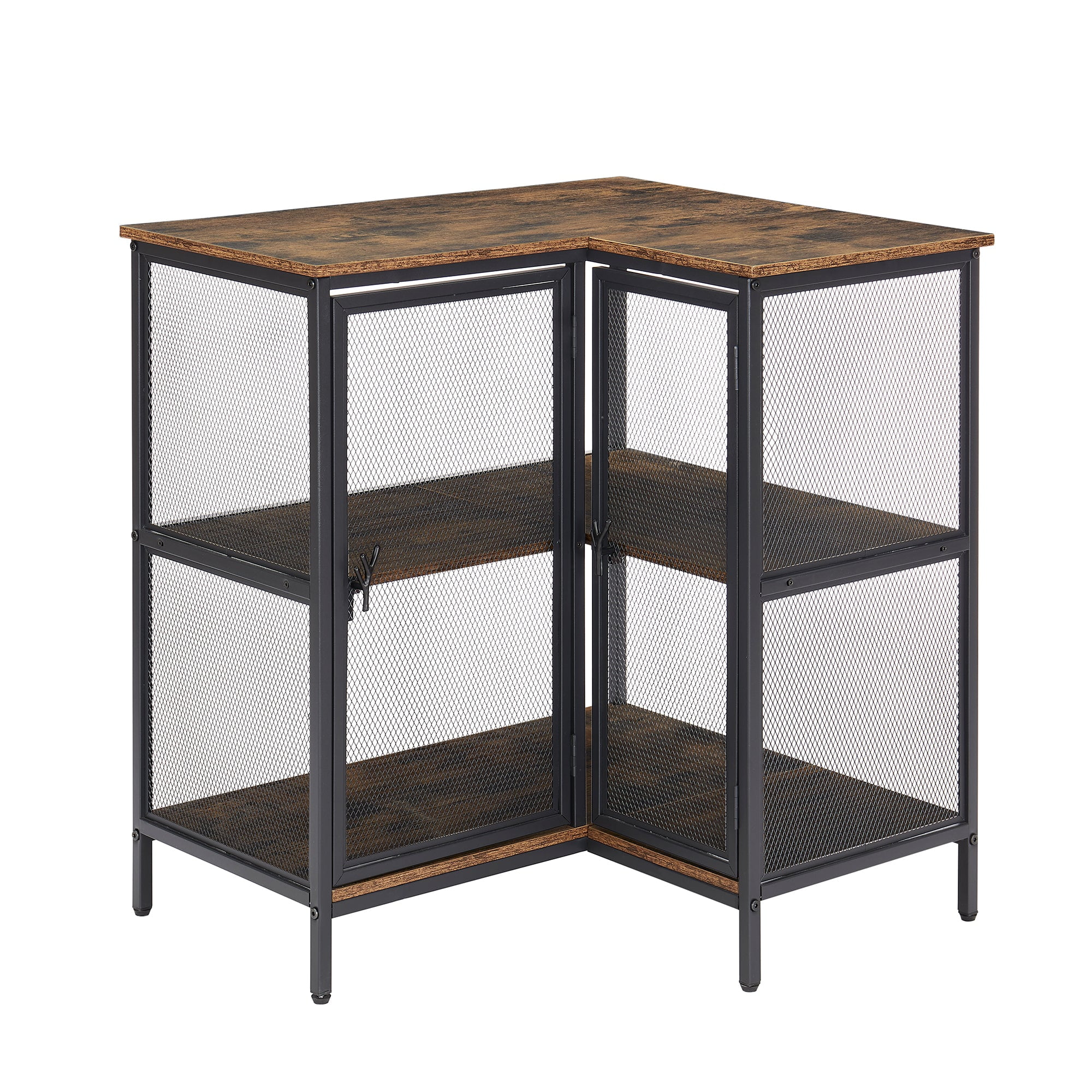 VECELO 3-Tier Corner Cabinet with Doors and Storage Shelves, L-shaped Free-Standing End Table, for Small Space Living Room Home Office Kitchen, Brown