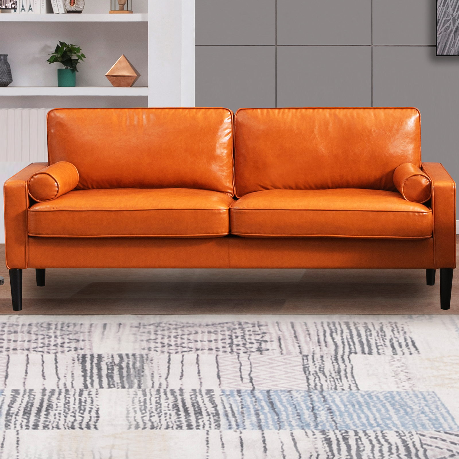 Mjkone Faux Leather Accent 3 Seater Sofa Couch,MidCentury 3 Seater